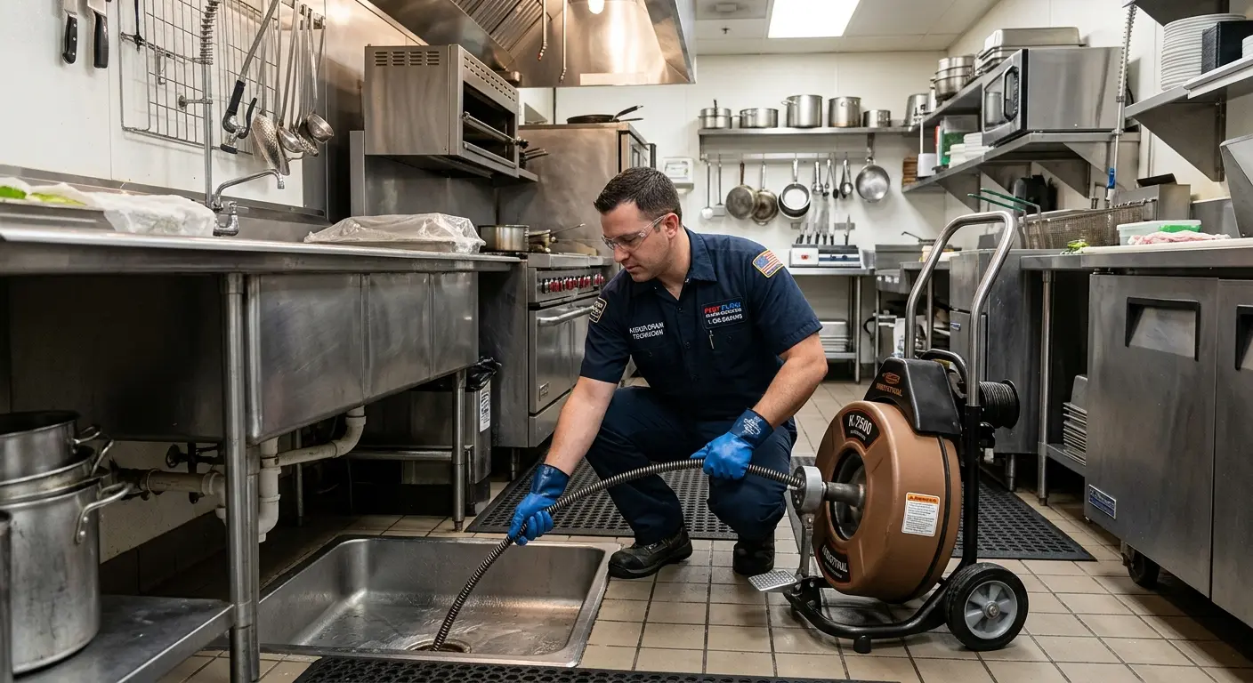 Commercial drain cleaning service in a restaurant kitchen in Lawrence
