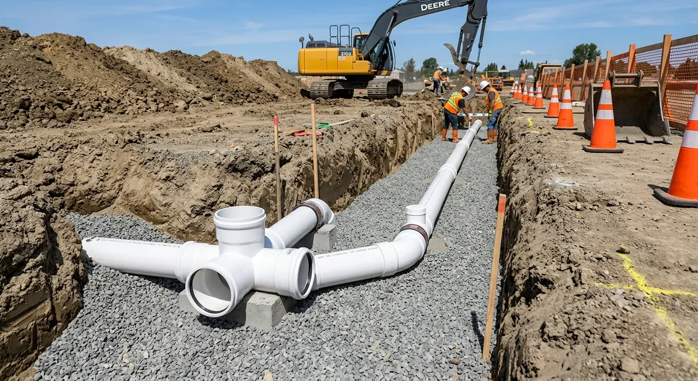 New PVC sewer pipe installation in open trench for Commercial Drain Cleaning in Lawrence