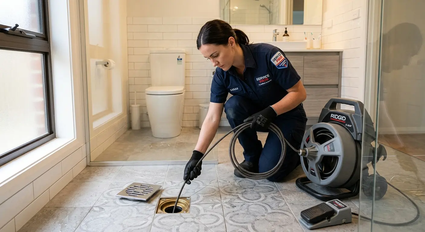 Technician clearing a bathroom floor drain for Clogged Drain Repair in Lawrence